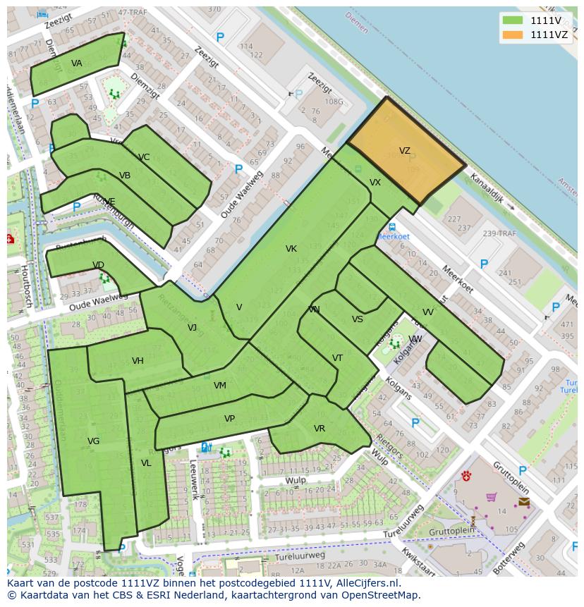 Afbeelding van het postcodegebied 1111 VZ op de kaart.