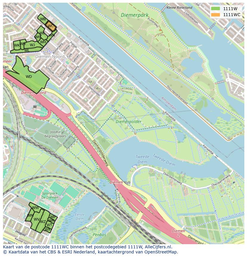 Afbeelding van het postcodegebied 1111 WC op de kaart.