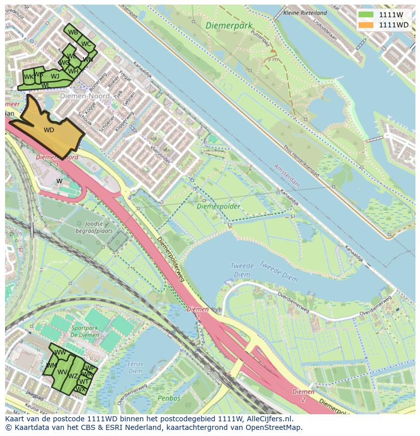 Afbeelding van het postcodegebied 1111 WD op de kaart.