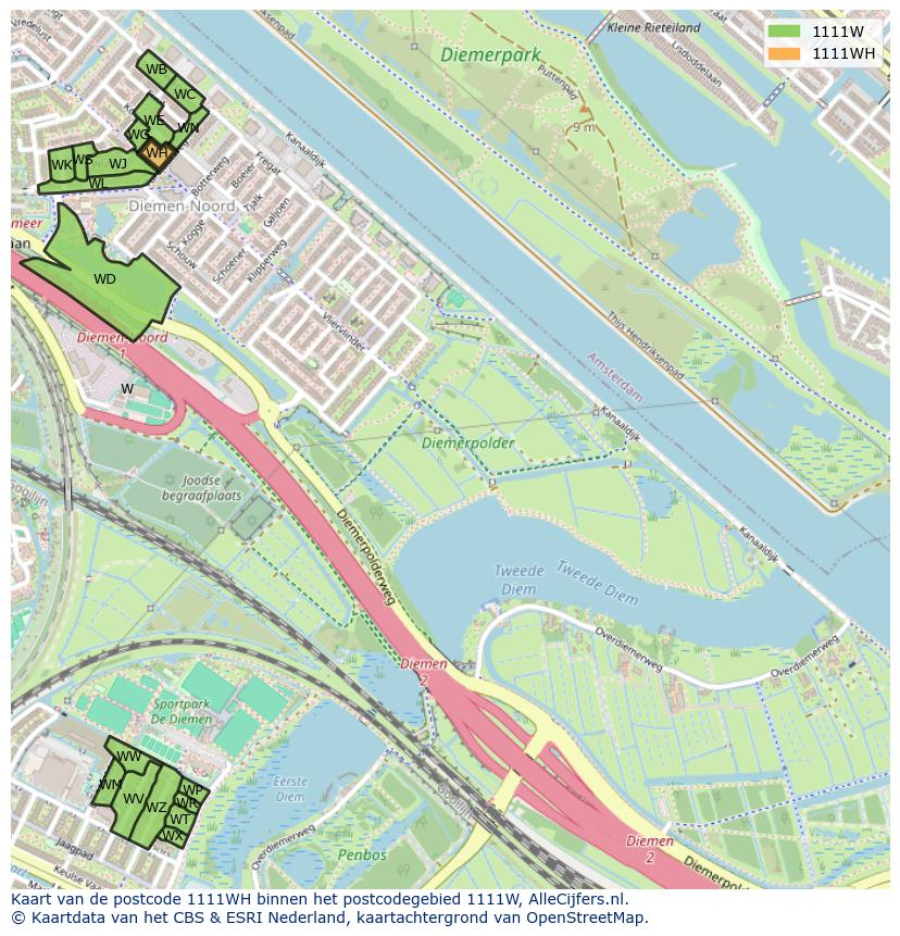 Afbeelding van het postcodegebied 1111 WH op de kaart.