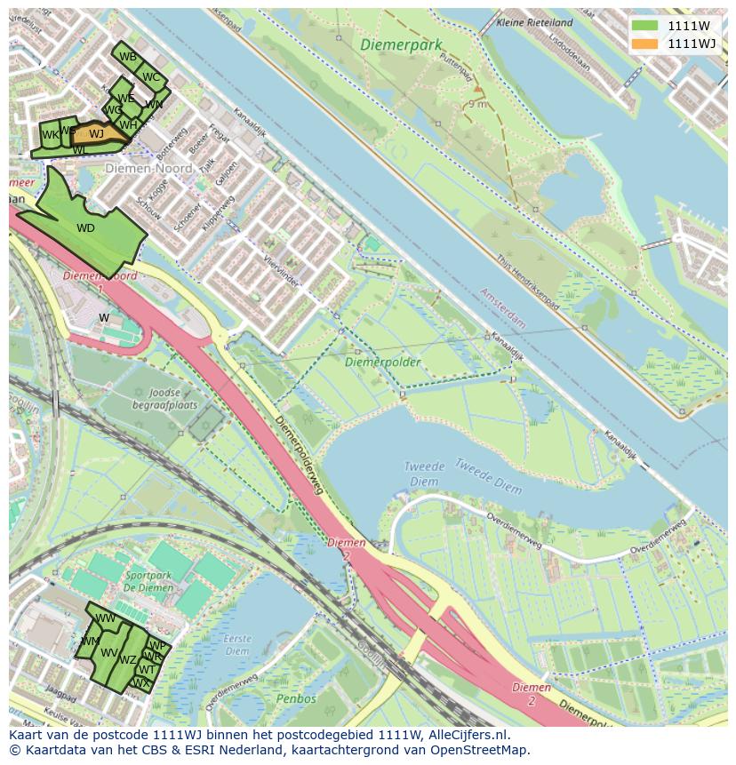 Afbeelding van het postcodegebied 1111 WJ op de kaart.