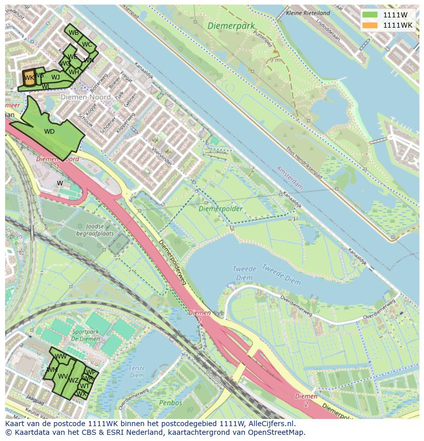 Afbeelding van het postcodegebied 1111 WK op de kaart.