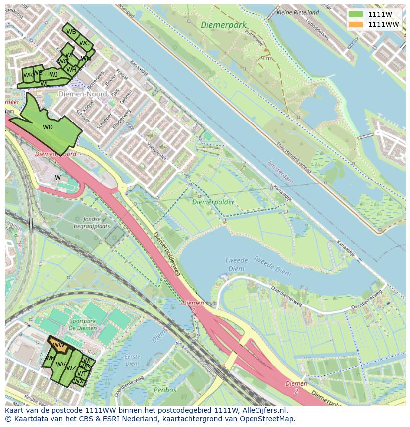 Afbeelding van het postcodegebied 1111 WW op de kaart.