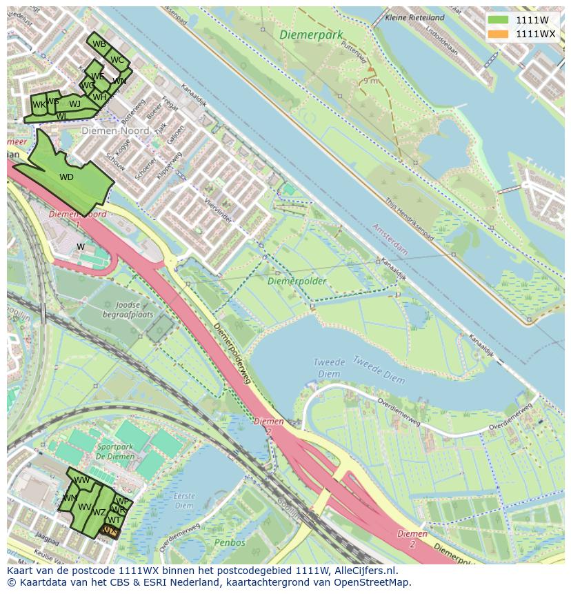 Afbeelding van het postcodegebied 1111 WX op de kaart.