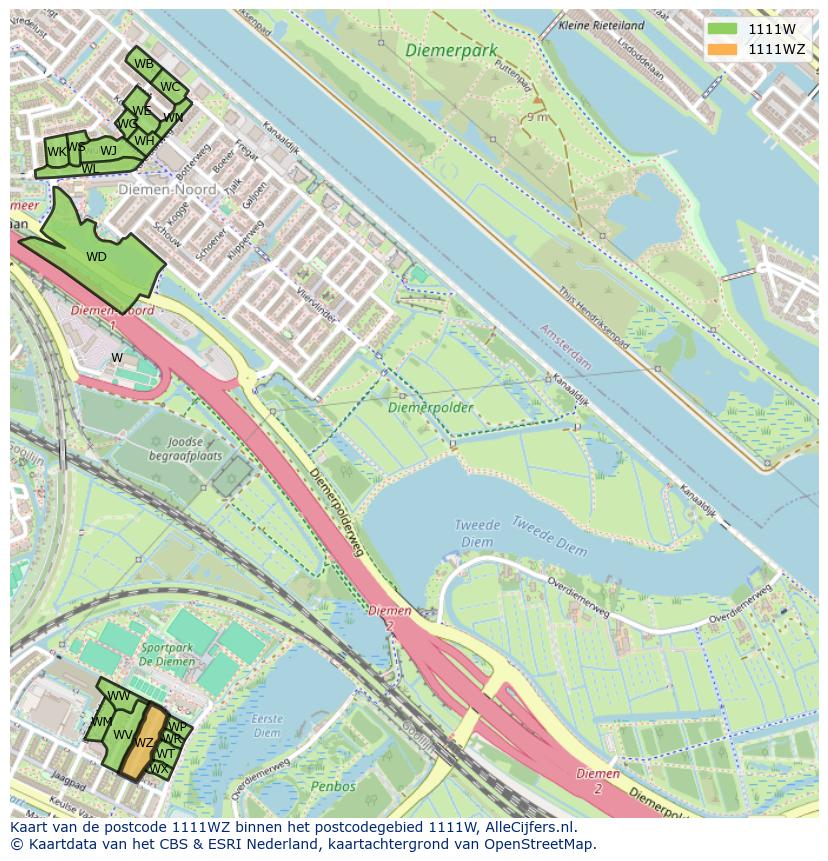 Afbeelding van het postcodegebied 1111 WZ op de kaart.
