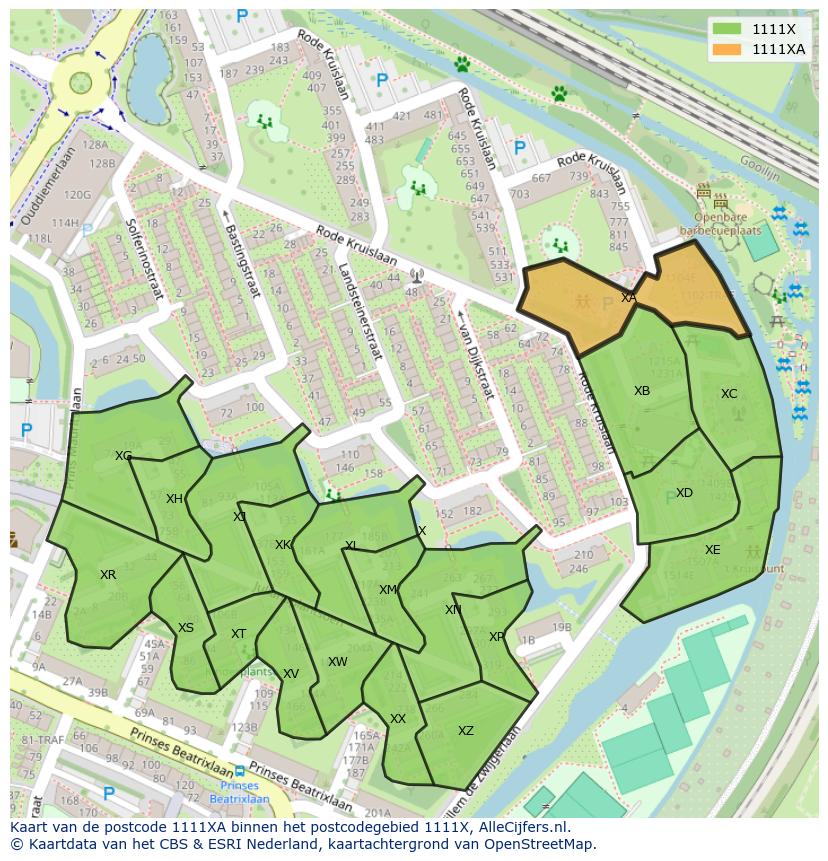 Afbeelding van het postcodegebied 1111 XA op de kaart.