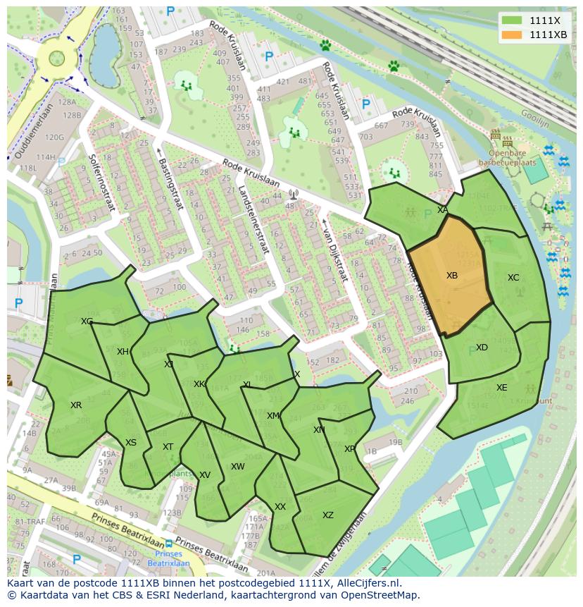 Afbeelding van het postcodegebied 1111 XB op de kaart.