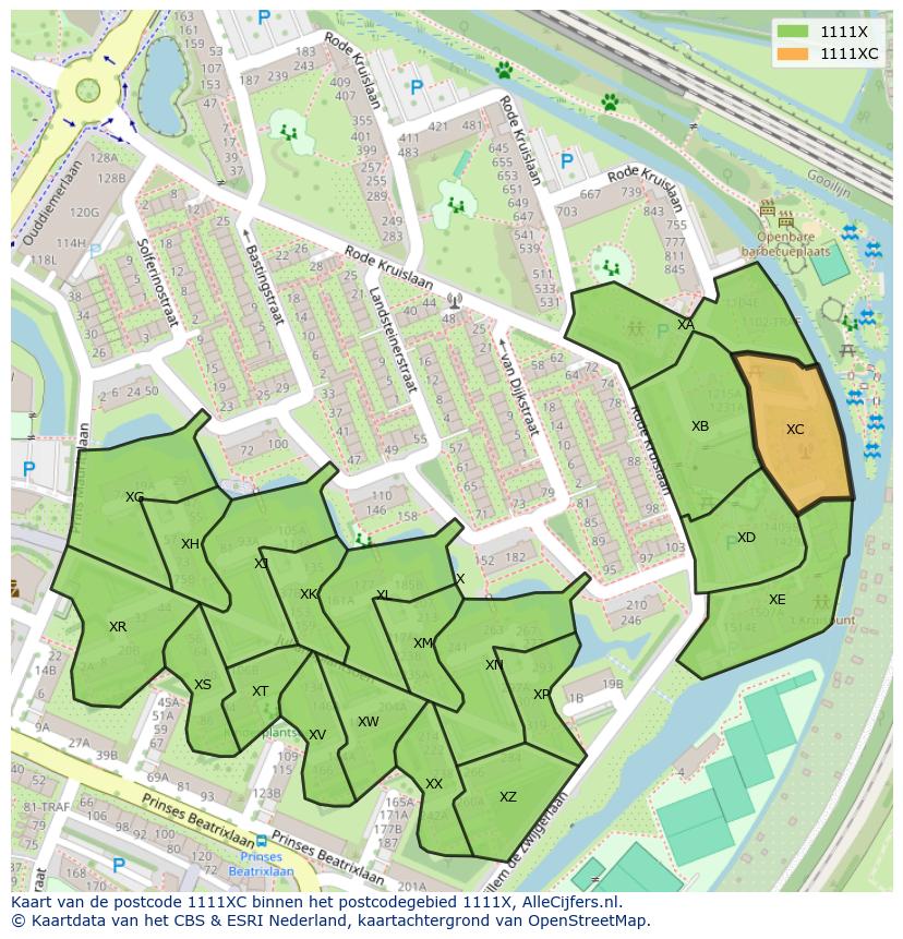 Afbeelding van het postcodegebied 1111 XC op de kaart.