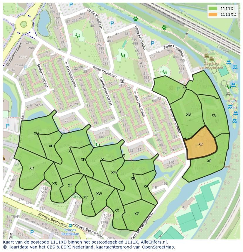 Afbeelding van het postcodegebied 1111 XD op de kaart.