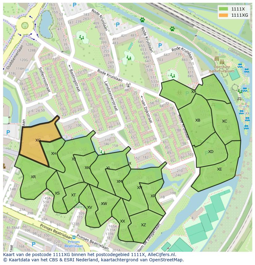Afbeelding van het postcodegebied 1111 XG op de kaart.