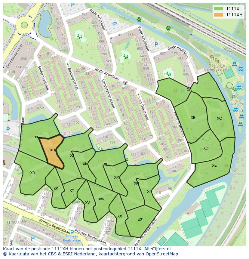 Afbeelding van het postcodegebied 1111 XH op de kaart.