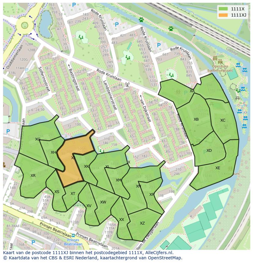 Afbeelding van het postcodegebied 1111 XJ op de kaart.