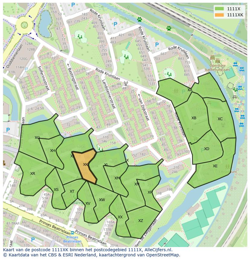 Afbeelding van het postcodegebied 1111 XK op de kaart.