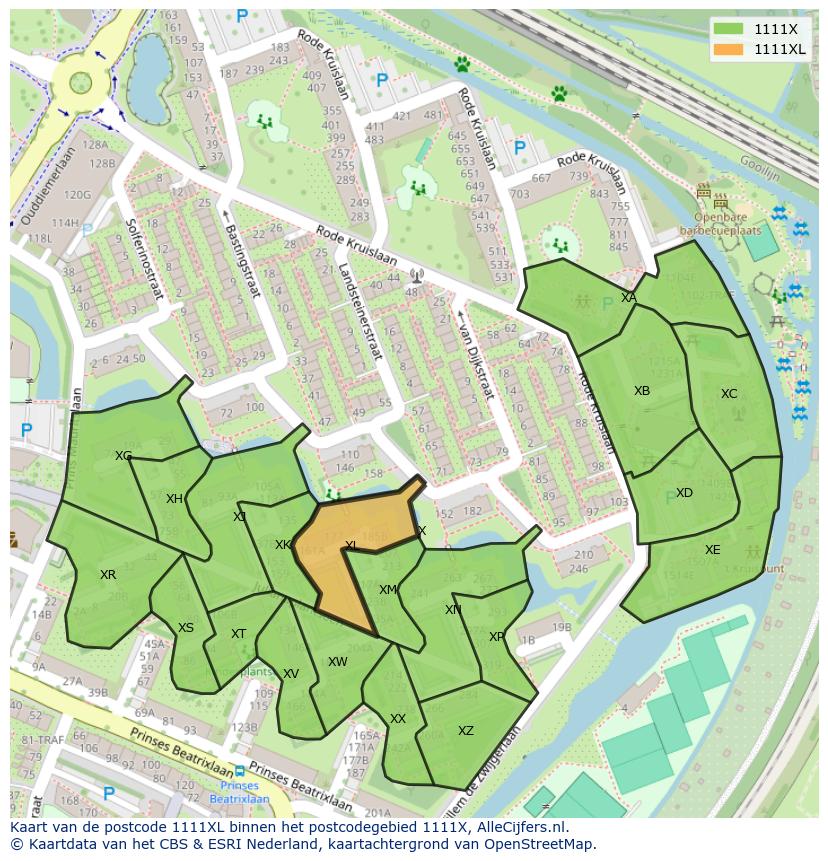 Afbeelding van het postcodegebied 1111 XL op de kaart.