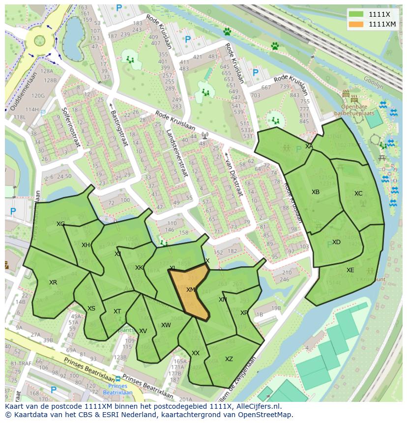 Afbeelding van het postcodegebied 1111 XM op de kaart.