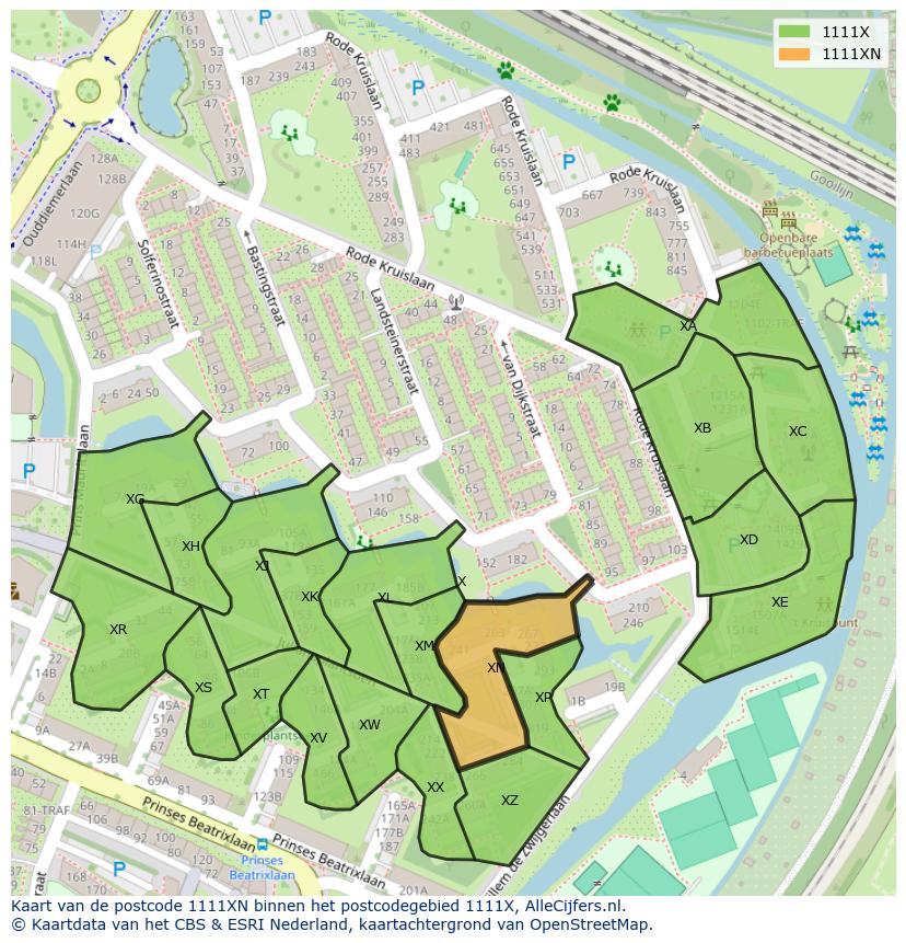 Afbeelding van het postcodegebied 1111 XN op de kaart.