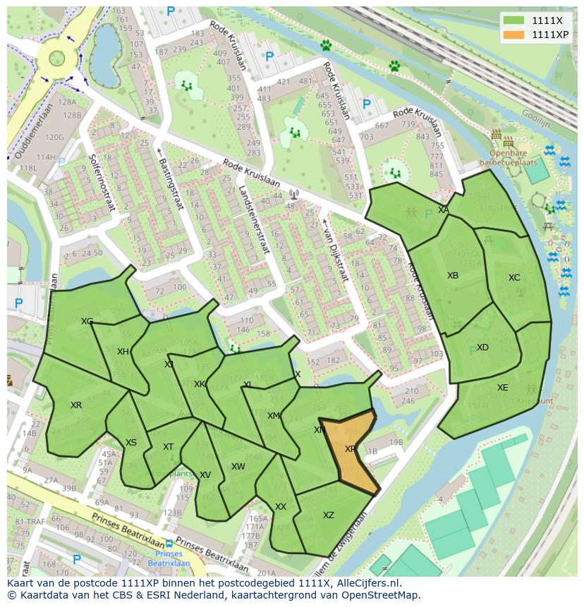 Afbeelding van het postcodegebied 1111 XP op de kaart.