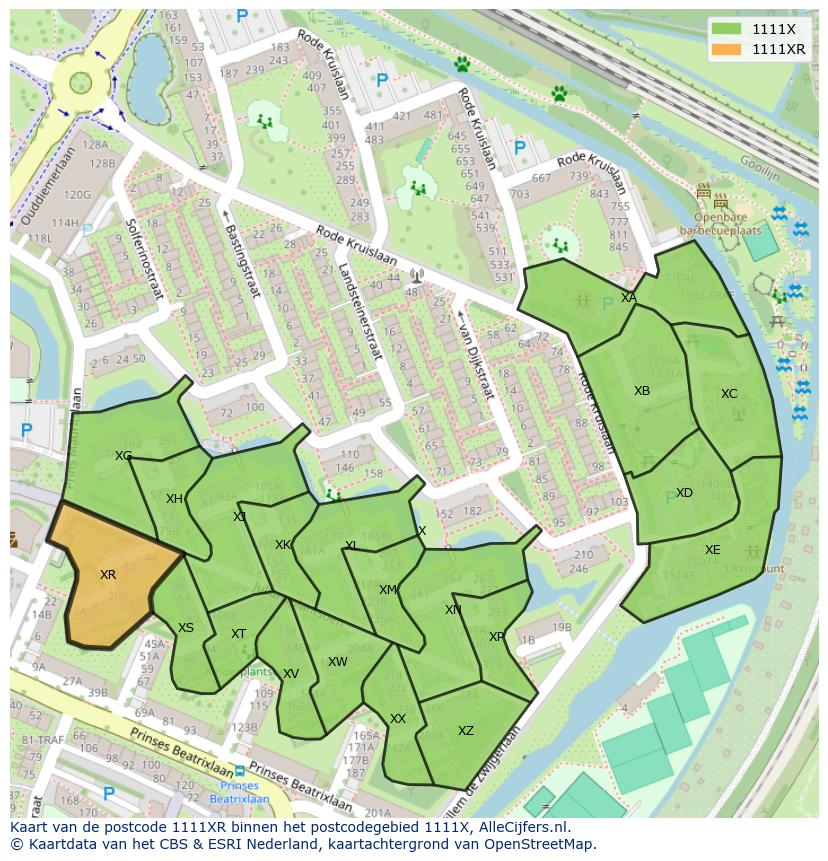 Afbeelding van het postcodegebied 1111 XR op de kaart.