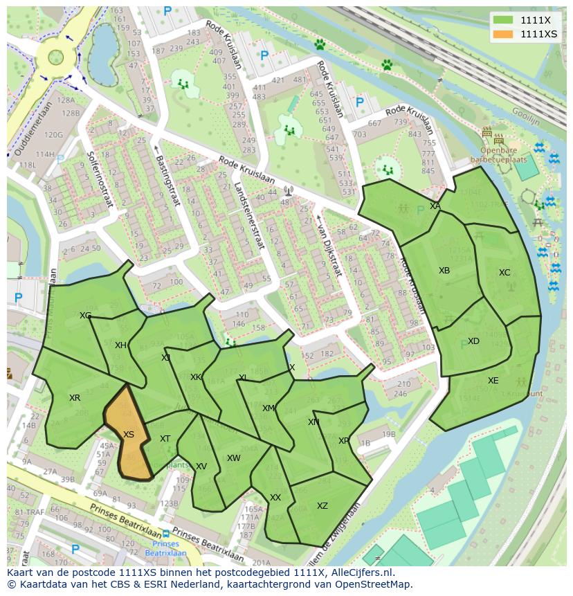 Afbeelding van het postcodegebied 1111 XS op de kaart.