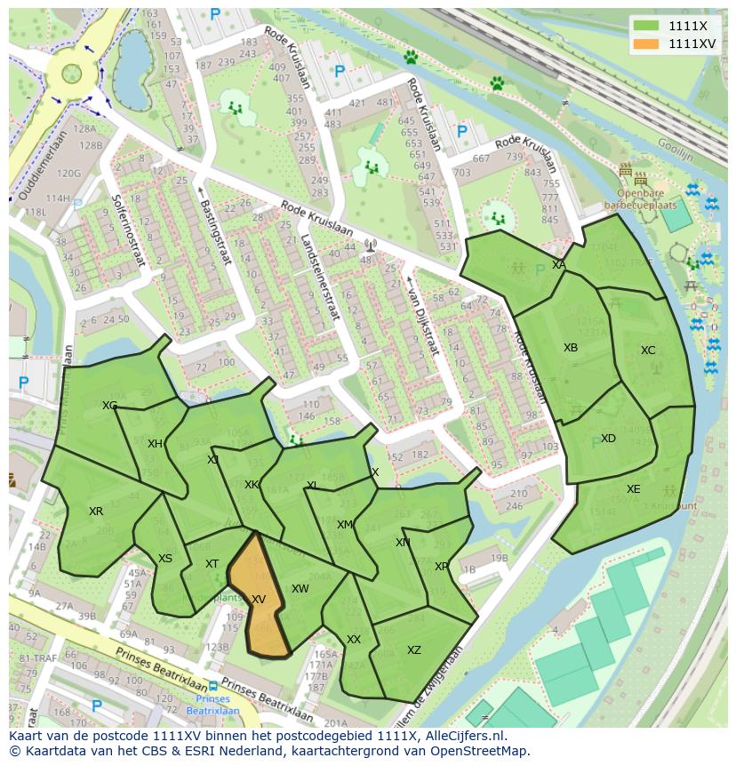 Afbeelding van het postcodegebied 1111 XV op de kaart.