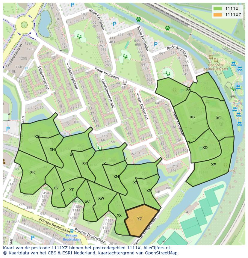 Afbeelding van het postcodegebied 1111 XZ op de kaart.
