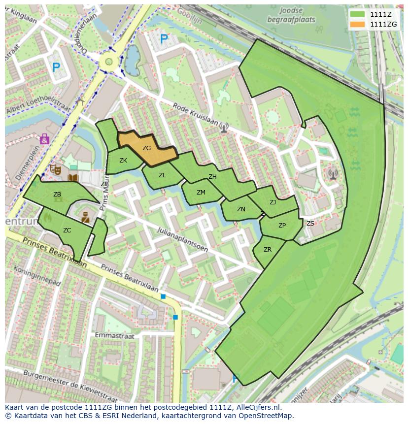 Afbeelding van het postcodegebied 1111 ZG op de kaart.