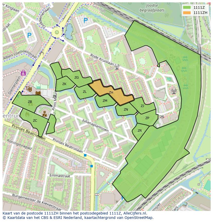 Afbeelding van het postcodegebied 1111 ZH op de kaart.