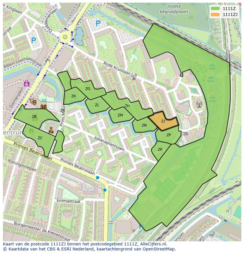 Afbeelding van het postcodegebied 1111 ZJ op de kaart.