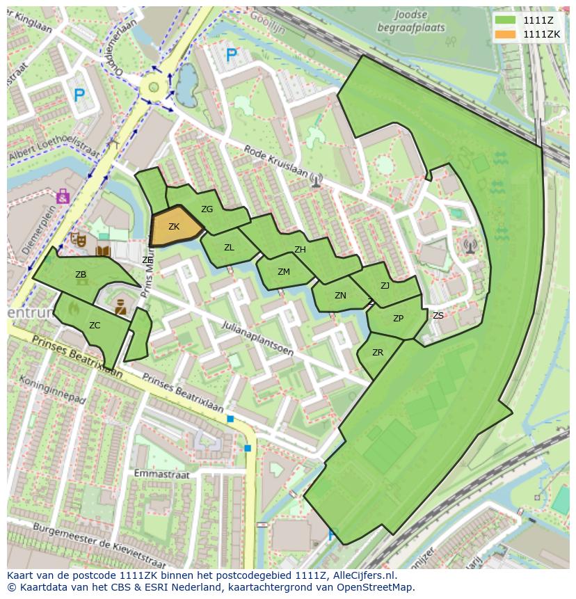 Afbeelding van het postcodegebied 1111 ZK op de kaart.