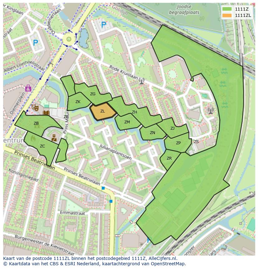 Afbeelding van het postcodegebied 1111 ZL op de kaart.