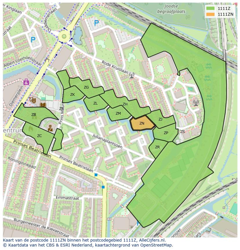 Afbeelding van het postcodegebied 1111 ZN op de kaart.