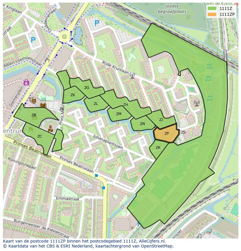 Afbeelding van het postcodegebied 1111 ZP op de kaart.