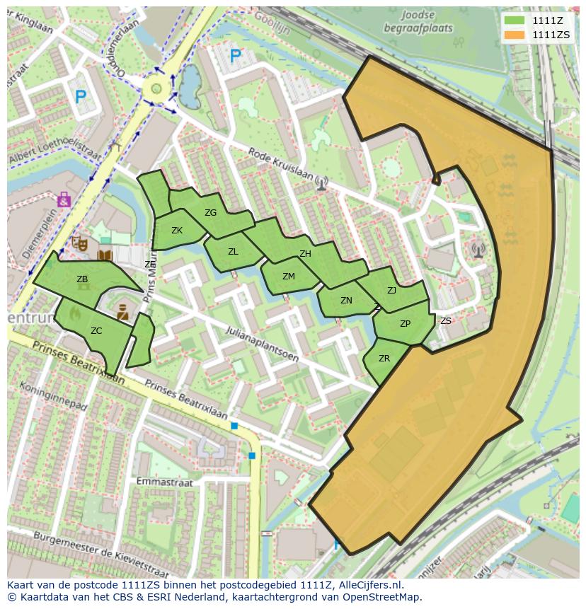 Afbeelding van het postcodegebied 1111 ZS op de kaart.