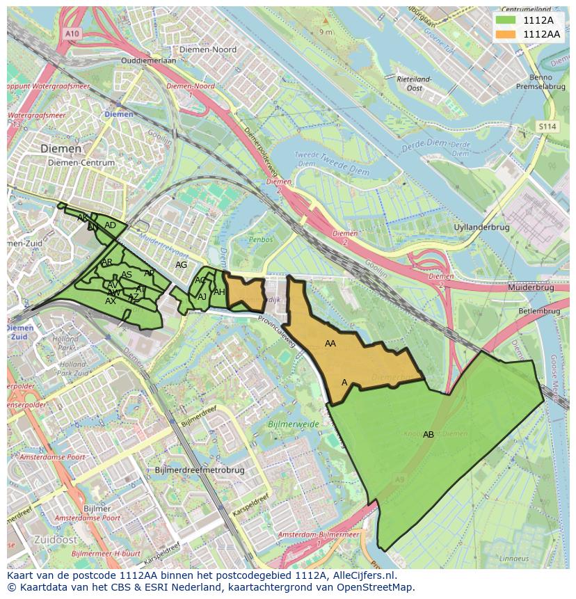 Afbeelding van het postcodegebied 1112 AA op de kaart.