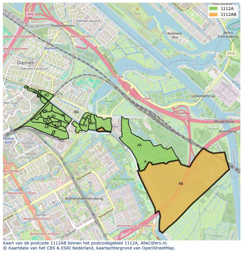 Afbeelding van het postcodegebied 1112 AB op de kaart.