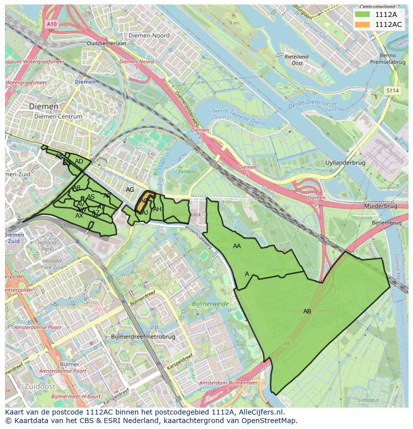 Afbeelding van het postcodegebied 1112 AC op de kaart.