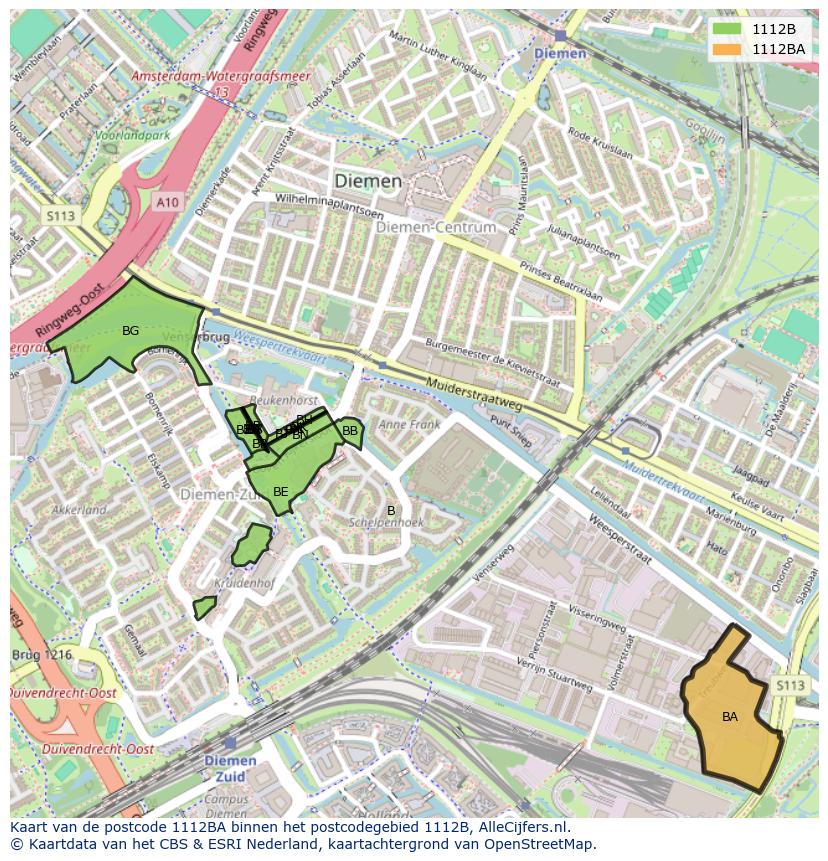 Afbeelding van het postcodegebied 1112 BA op de kaart.