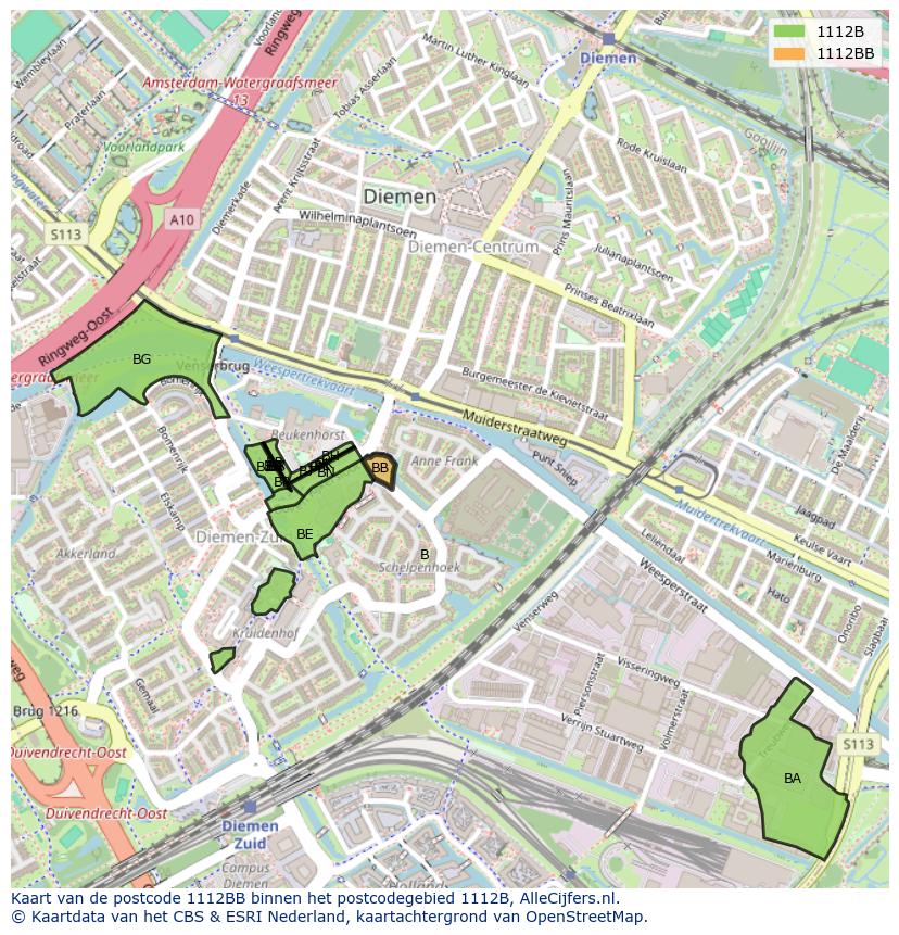 Afbeelding van het postcodegebied 1112 BB op de kaart.