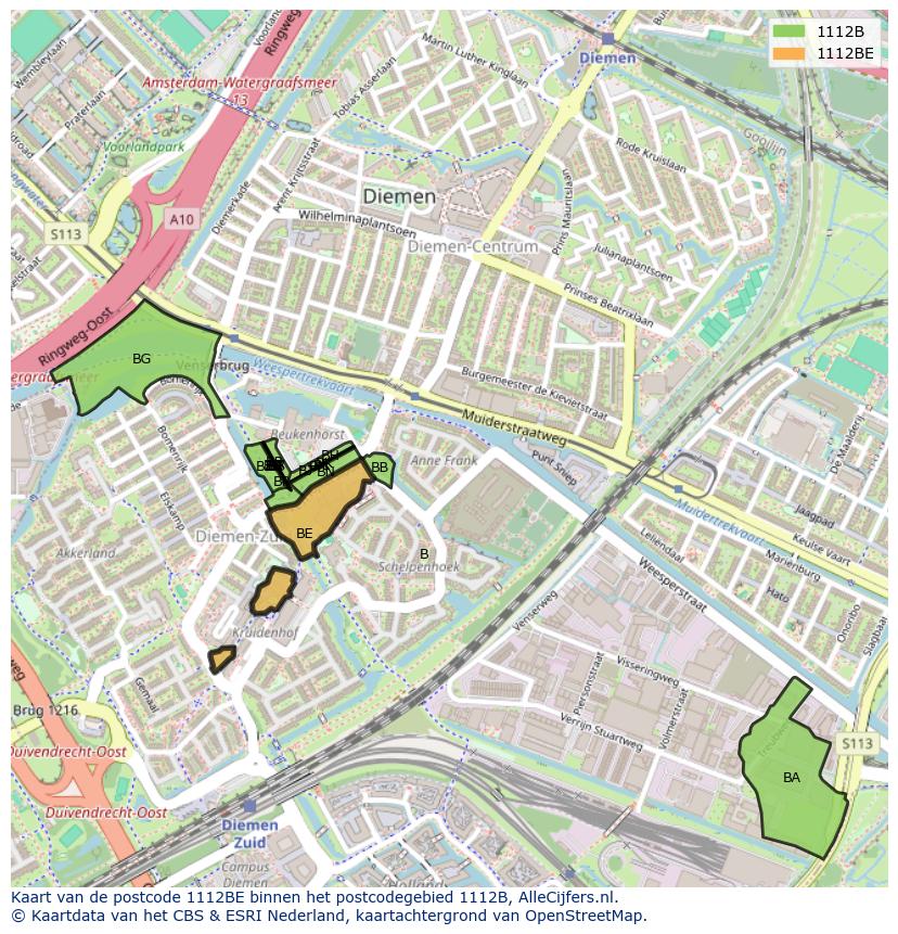 Afbeelding van het postcodegebied 1112 BE op de kaart.