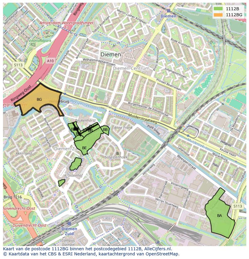 Afbeelding van het postcodegebied 1112 BG op de kaart.