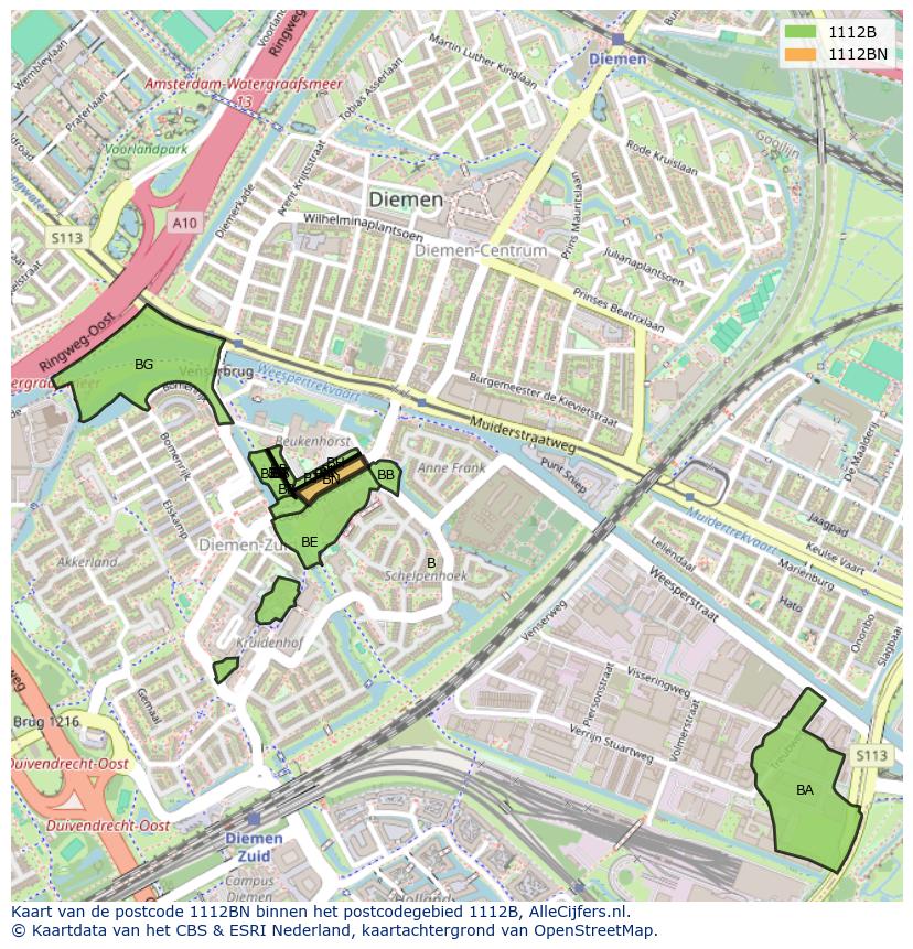 Afbeelding van het postcodegebied 1112 BN op de kaart.