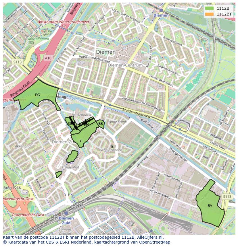 Afbeelding van het postcodegebied 1112 BT op de kaart.
