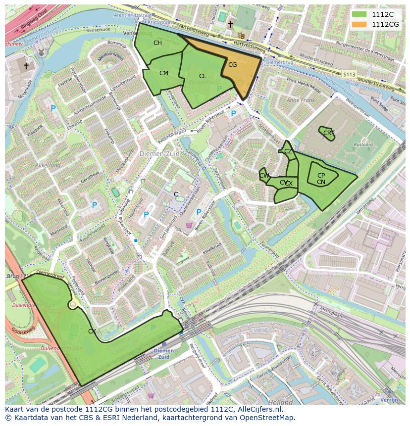 Afbeelding van het postcodegebied 1112 CG op de kaart.
