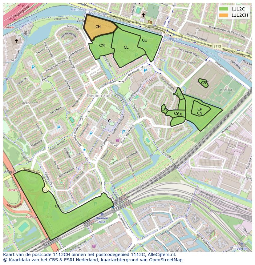 Afbeelding van het postcodegebied 1112 CH op de kaart.