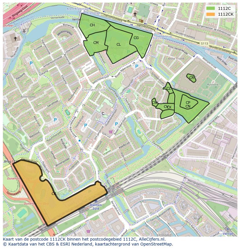 Afbeelding van het postcodegebied 1112 CK op de kaart.