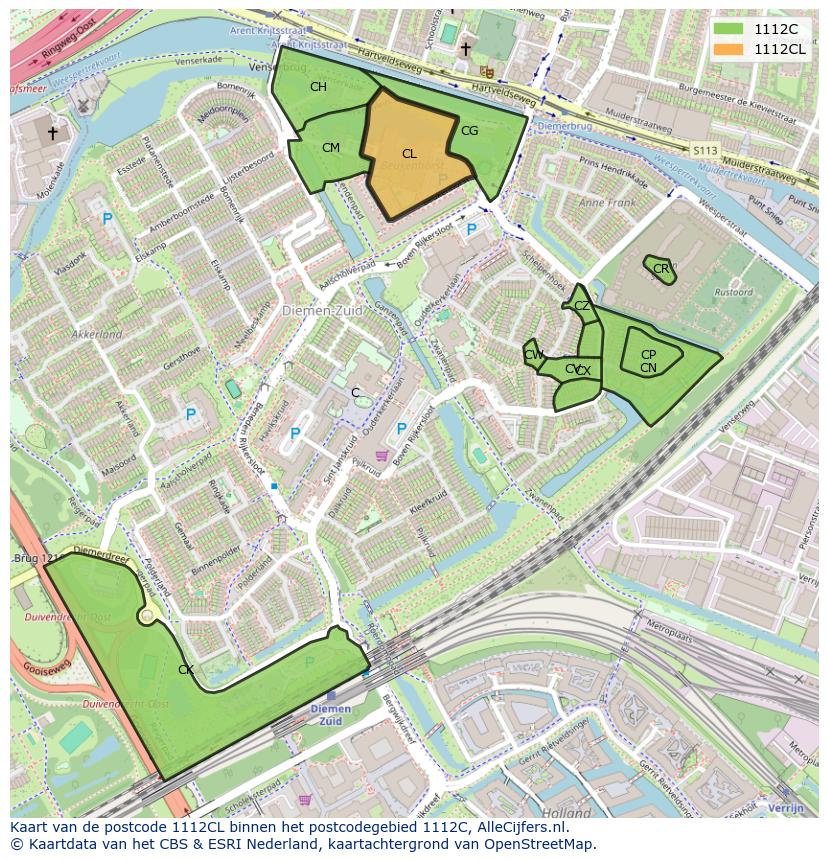 Afbeelding van het postcodegebied 1112 CL op de kaart.