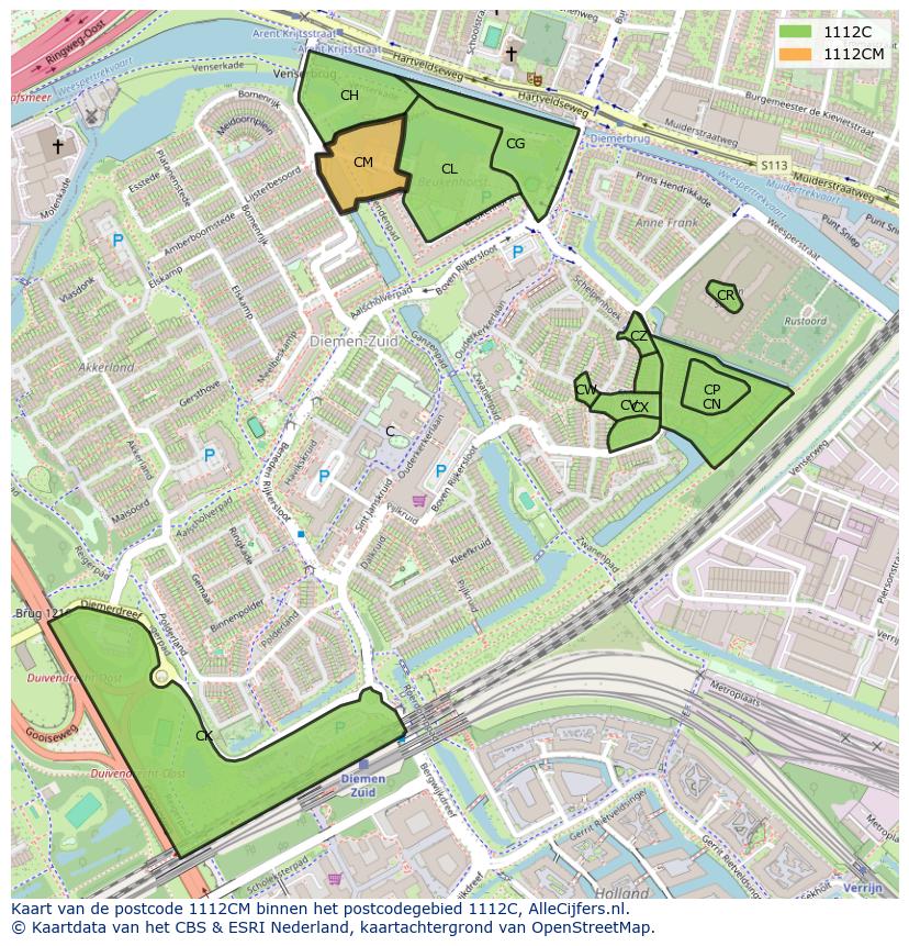 Afbeelding van het postcodegebied 1112 CM op de kaart.