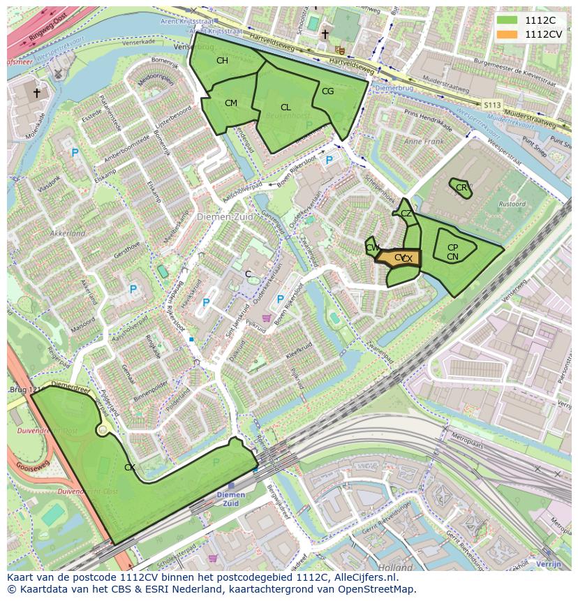 Afbeelding van het postcodegebied 1112 CV op de kaart.