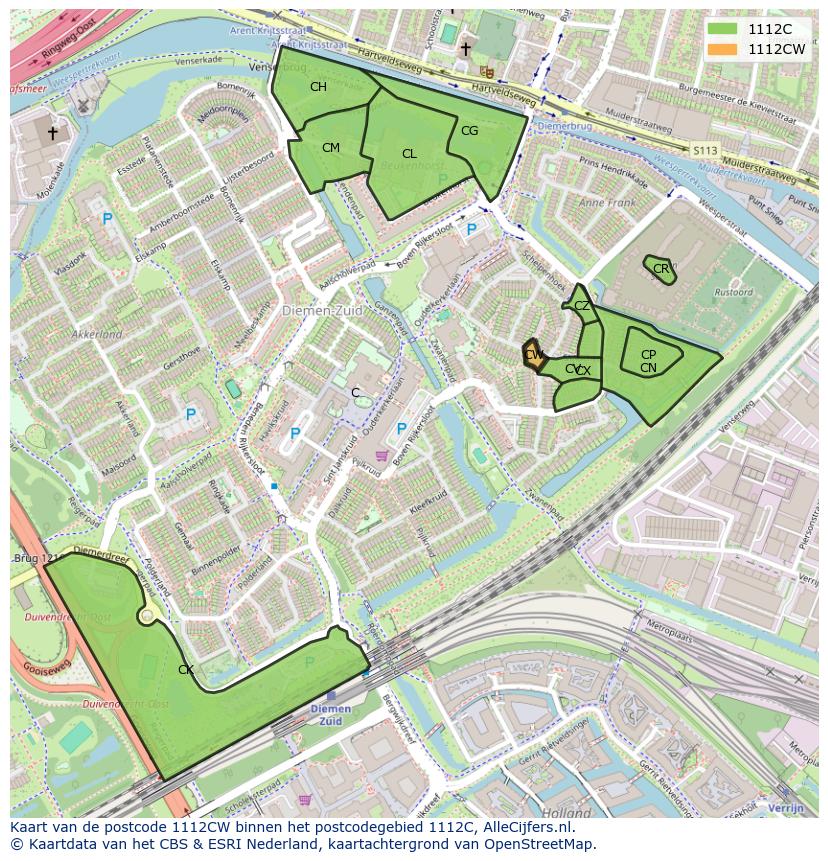 Afbeelding van het postcodegebied 1112 CW op de kaart.