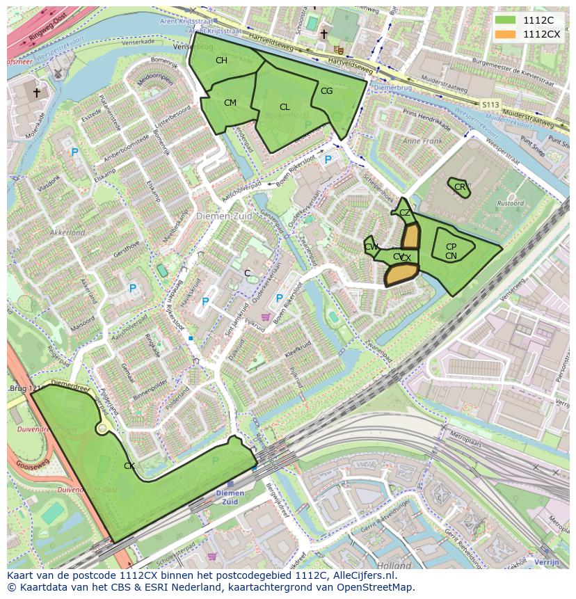 Afbeelding van het postcodegebied 1112 CX op de kaart.